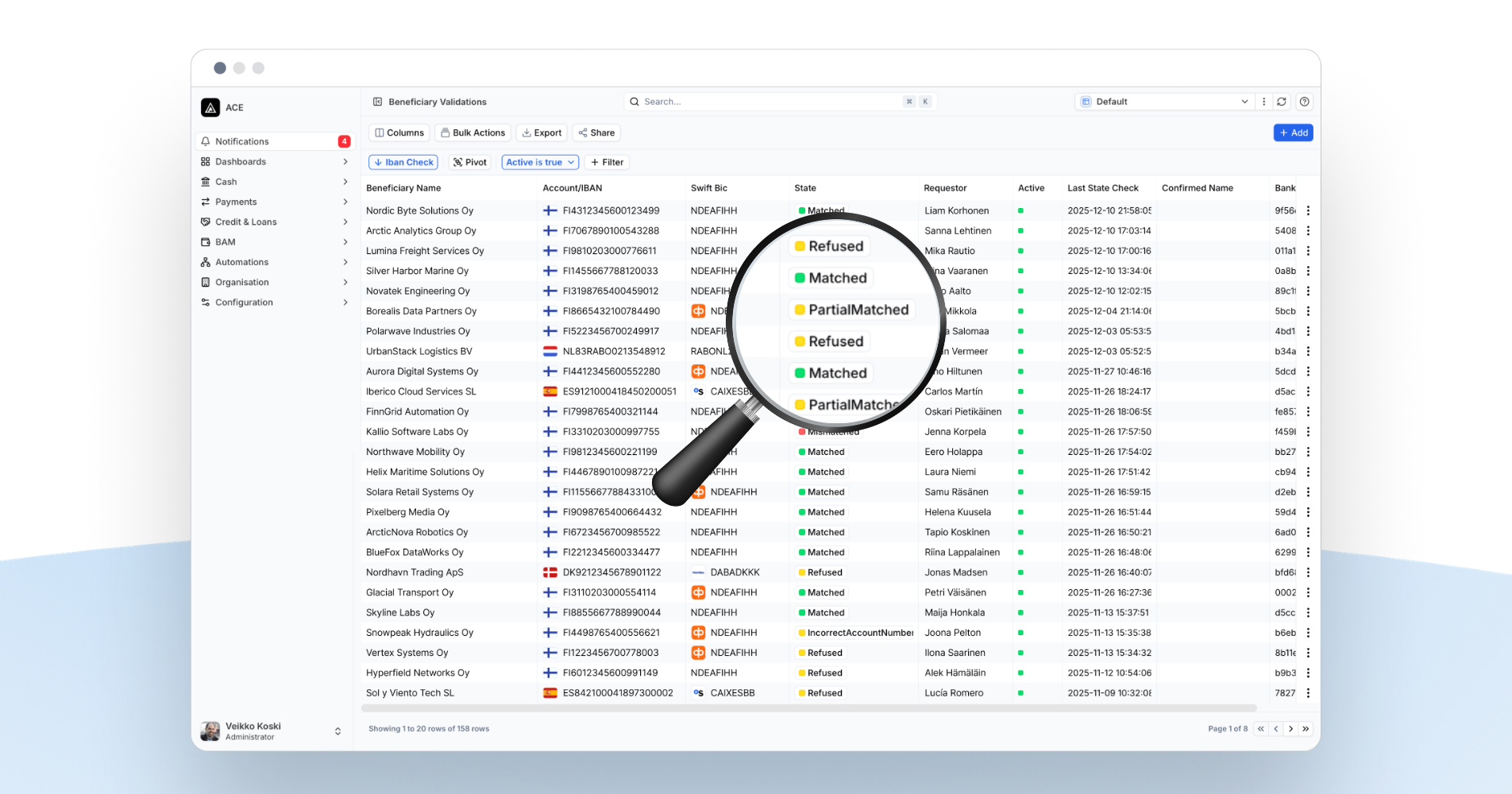 FinanceKey beneficiary validation dashboard showing payment recipients with IBAN check results, including matched, partial match and refused statuses highlighted through a magnifying glass.