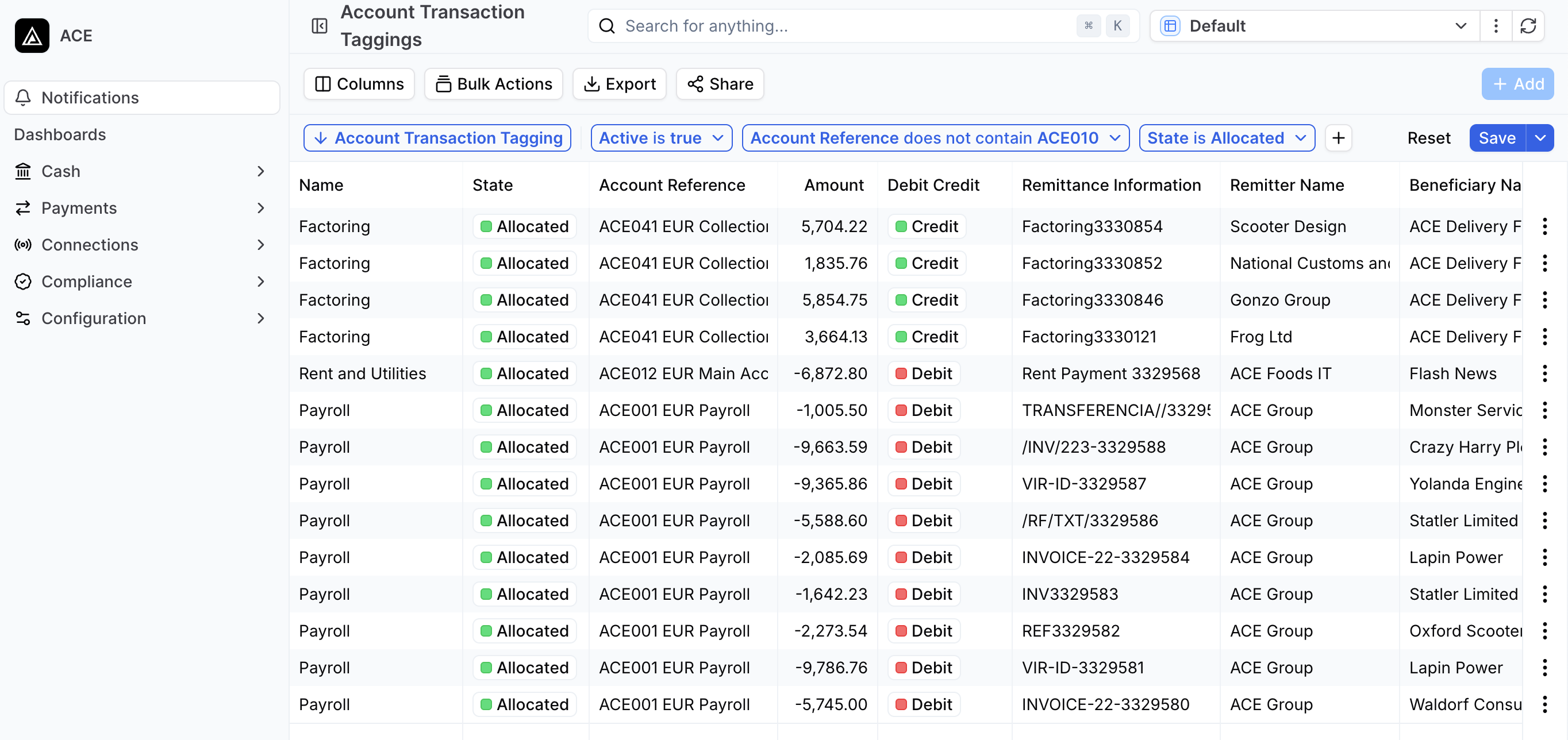 A screenshot of a FinanceKey desktop view showing transactions with cash flow tagging