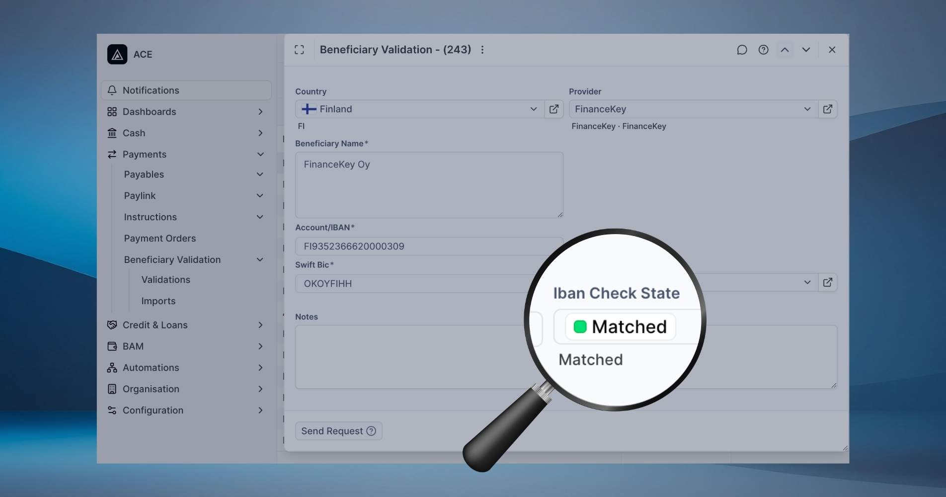 Close-up of a Verification of Payee screen within FinanceKey