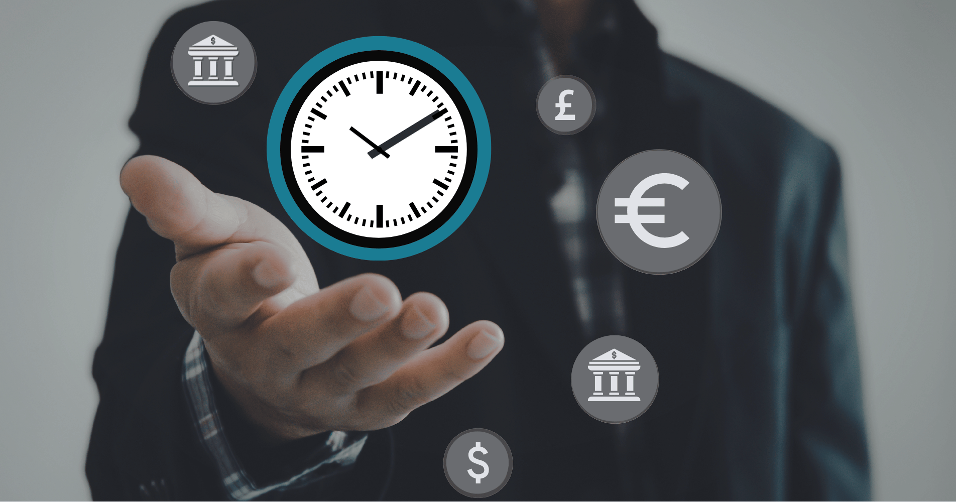 A man appears to juggle several symbols representing banks, different currencies, and a stop watch