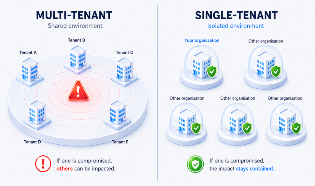 A clean, light-background infographic comparing multi-tenant and single-tenant environments. On the left, “Multi-tenant – shared environment” shows five buildings (Tenants A–E) arranged around a central warning icon with red concentric rings, indicating shared risk. A caption reads: “If one is compromised, others can be impacted,” with “others” highlighted in red. On the right, “Single-tenant – isolated environment” shows five separate buildings under individual glass domes. The top-left is labeled “Your organisation,” and the other four are labeled “Other organisation.” Each building has a green shield icon, representing protection. A caption below reads: “If one is compromised, the impact stays contained,” with “stays contained” highlighted in blue. A vertical divider separates the two halves.