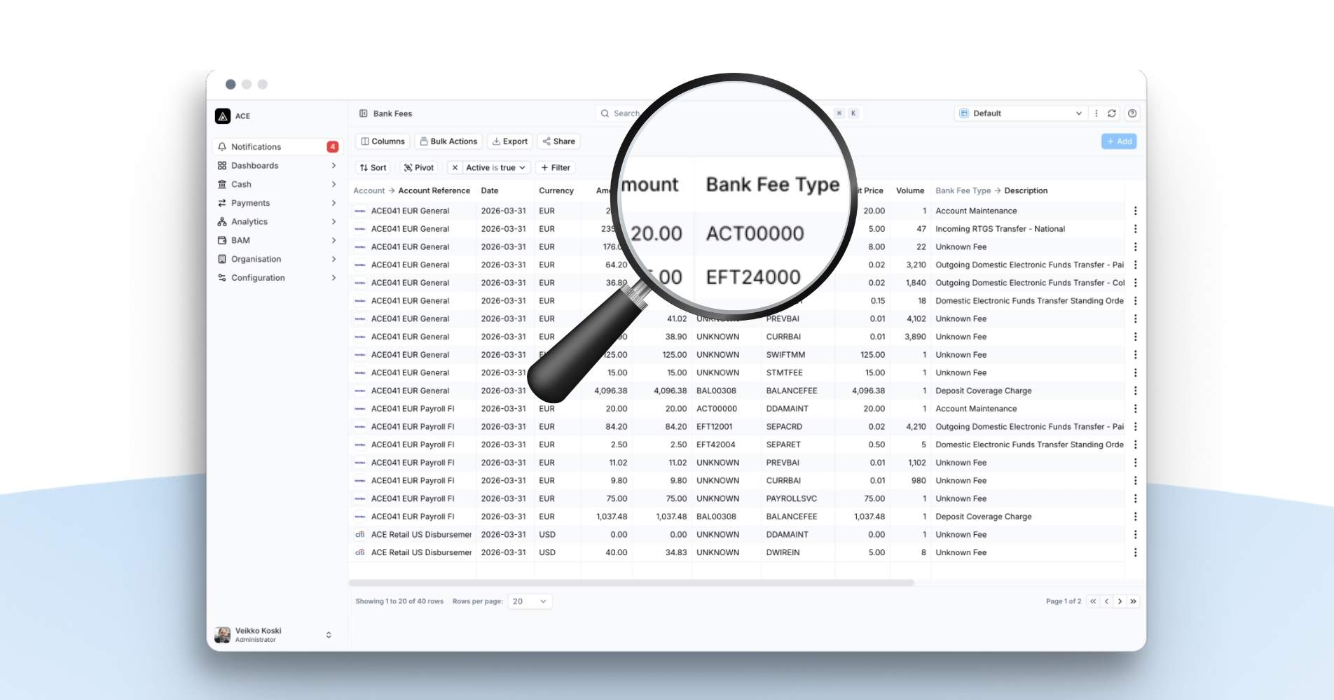 Screenshot of a bank fee analysis dashboard within a treasury management platform. A table displays bank fee transactions by account, date, currency, amount, and fee type. A large magnifying glass highlights fee amounts and bank fee type codes, emphasizing detailed fee analysis and visibility into banking charges. The interface includes navigation menus, filtering tools, and reporting options for reviewing and managing bank fees across accounts.
