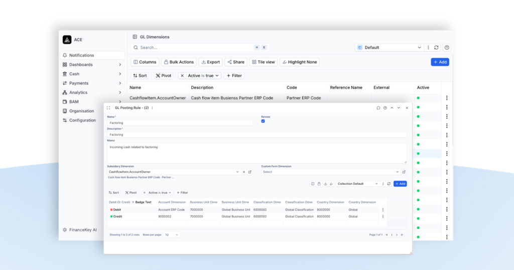FinanceKey interface showing the GL Dimensions module with a GL Posting Rule configuration window open, where users define posting rules and map cash flow data to ERP account and business dimensions for automated journal entries.