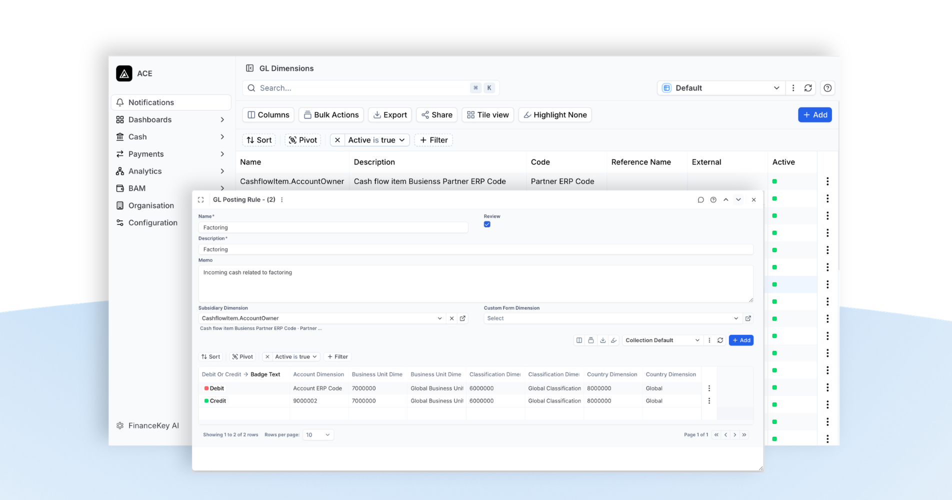 FinanceKey interface showing the GL Dimensions module with a GL Posting Rule configuration window open, where users define posting rules and map cash flow data to ERP account and business dimensions for automated journal entries.