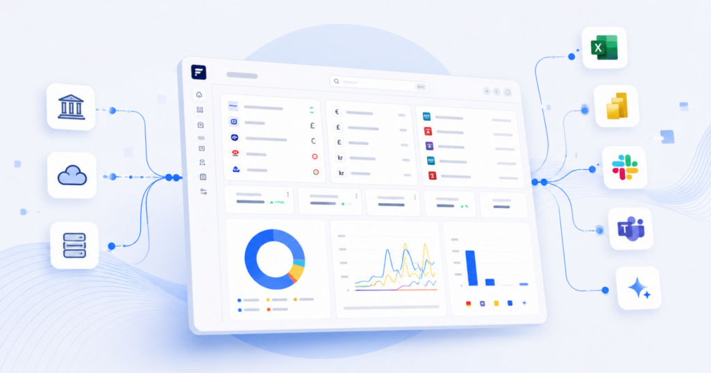 Front-on illustration of the FinanceKey treasury dashboard connected to banks, ERP systems, Excel, Power BI, Slack, Teams and AI tools, representing an adaptable treasury platform with seamless integrations and real-time data flows.