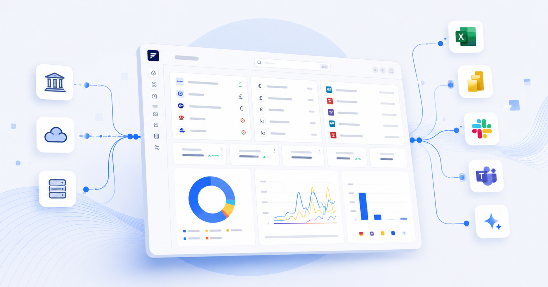 Front-on illustration of the FinanceKey treasury dashboard connected to banks, ERP systems, Excel, Power BI, Slack, Teams and AI tools, representing an adaptable treasury platform with seamless integrations and real-time data flows.