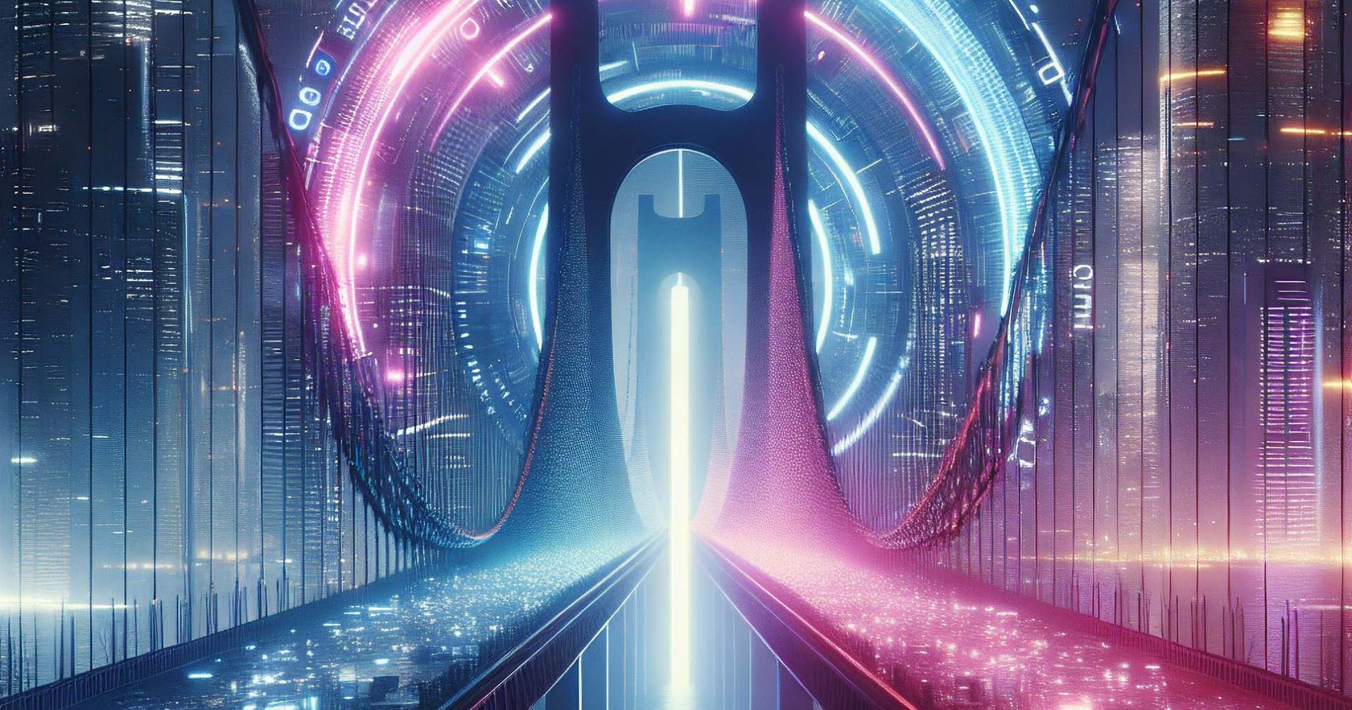 Futuristic digital gateway with glowing blue and pink data streams, illustrating secure connections between MCP servers and FinanceKey.